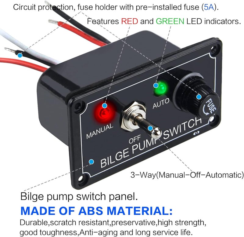 AMOMD 12V Bilge Pump Control Switch Panel 3 Way Manual/Off/Auto with LED Indicator 5A Fuse for Yacht Camper Truck Marine Boat - Image 2